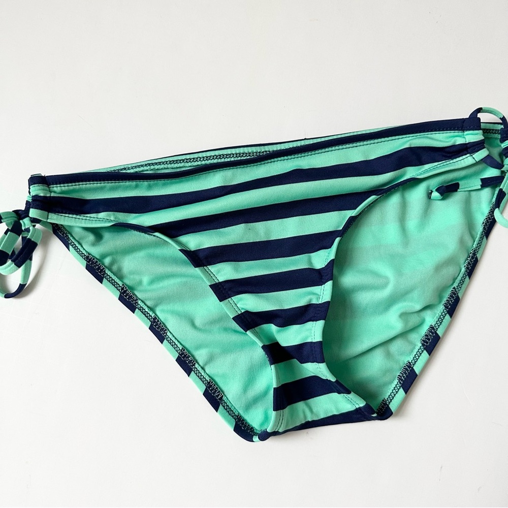 Turquoise and Navy Stripe Bikini Drawstring Bottom Size Small Petite